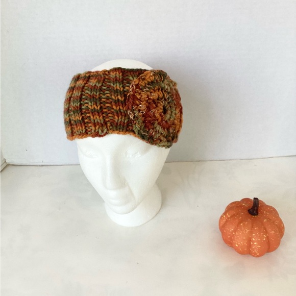 Headband Earwarmer Hand Crafted Multicolor Green Rust Bronze Orange Glitter Knit - Picture 6 of 15